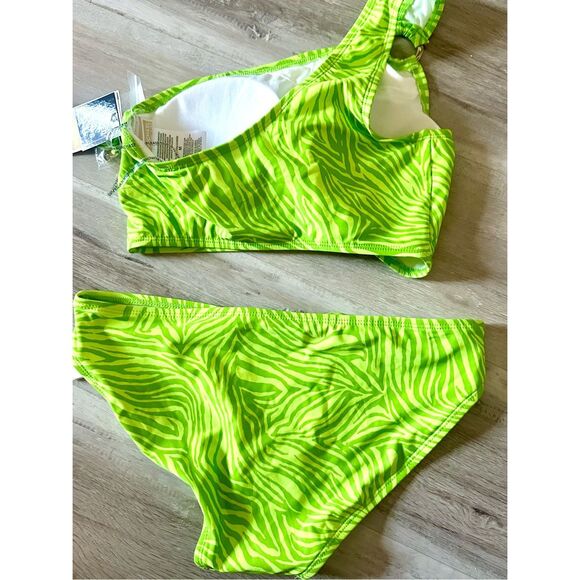NWT Michael Kors one shoulder O-ring top and bottom swimwear in green with anima - Picture 8 of 10